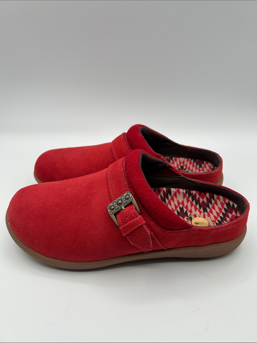 REVITALIGN (WIDE, 9D) Ashley Desert Red Suede Slip-On Clogs with Buckle Accent - Picture 4 of 16